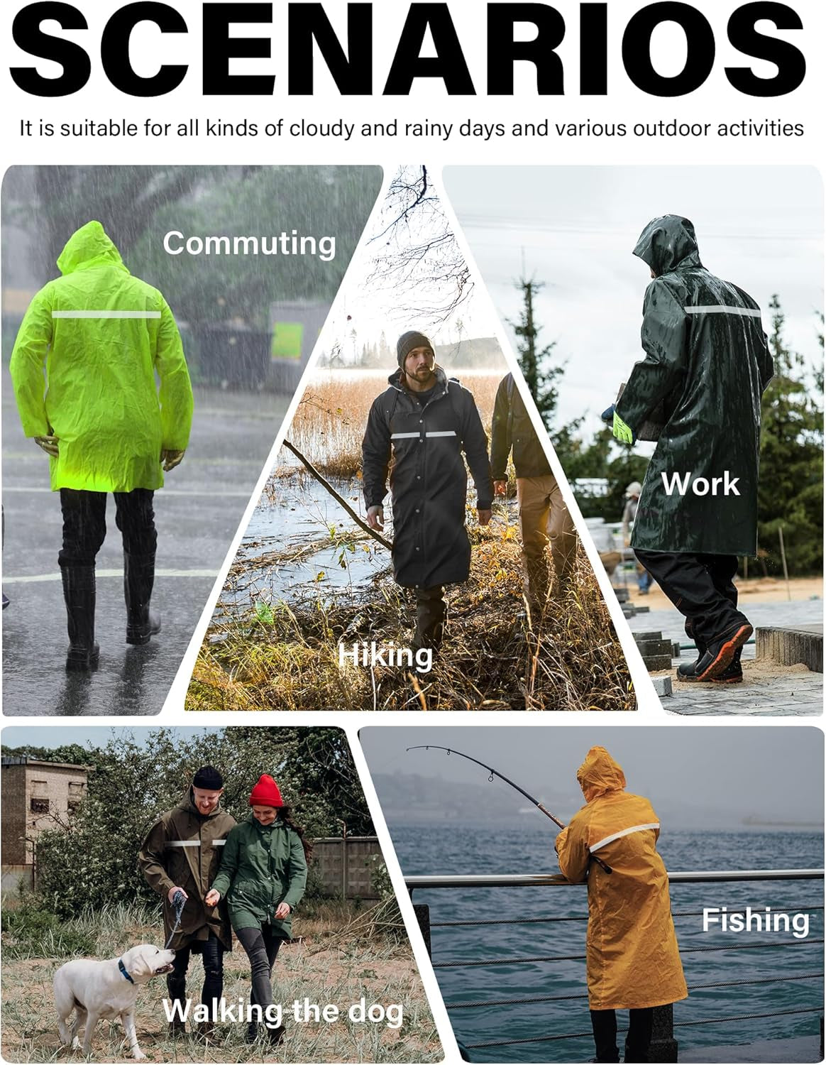 Raincoat Waterproof Long Rain Jacket Lightweight Rainwear Reflective with Packable Hood for Men Women Adults